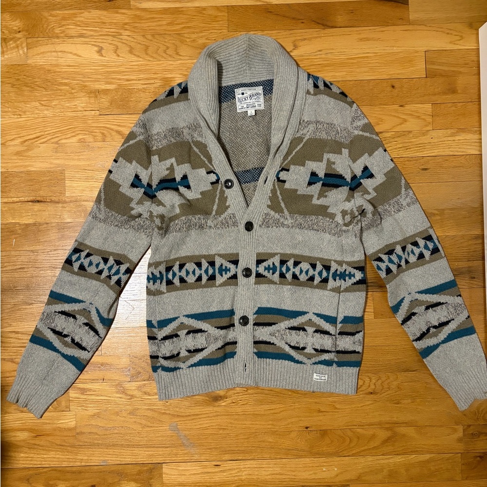 Lucky Brand Men's Geometric Cardigan Sweater - Gray, Blue, Brown